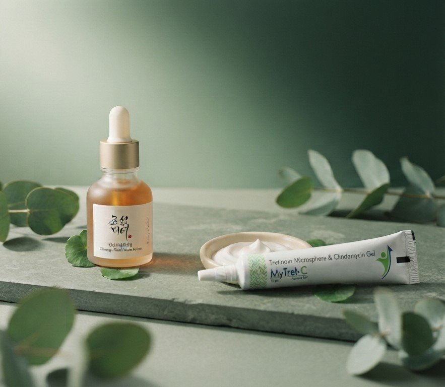 Korean skincare and tretinoin products arranged on a stone surface